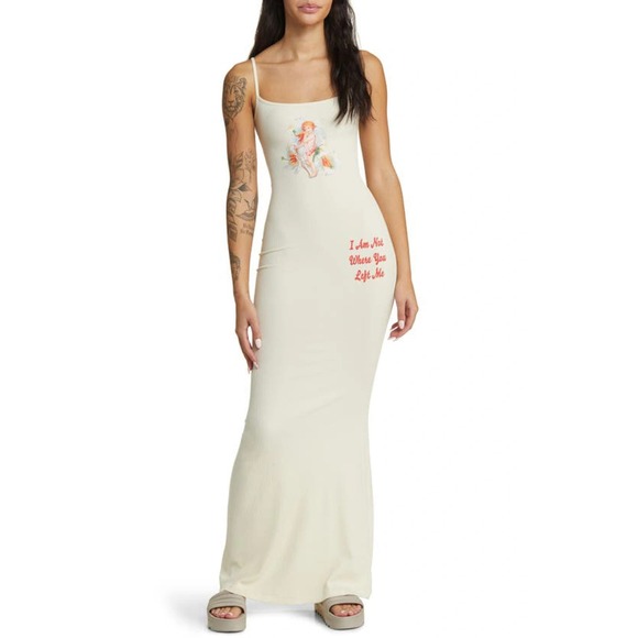 $108 Revolve Boys Lie Ribbed Maxi Dress Cherub Print Spaghetti Strap Size L